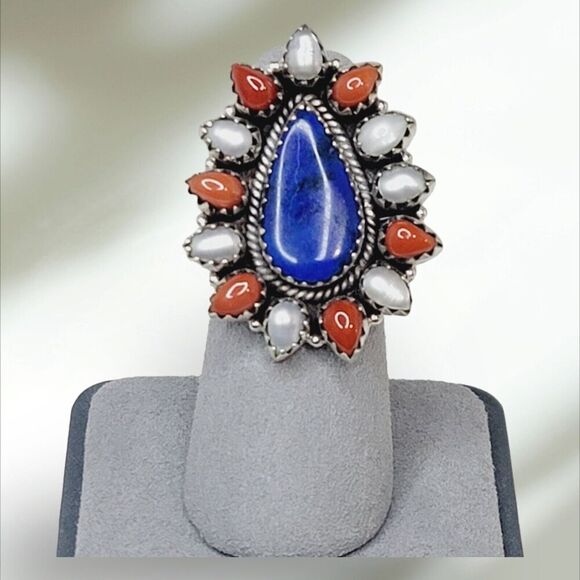 Handmade Adjustable Sterling Silver 925 Lapis Coral Pearl Statement Ring S7 - Picture 1 of 12